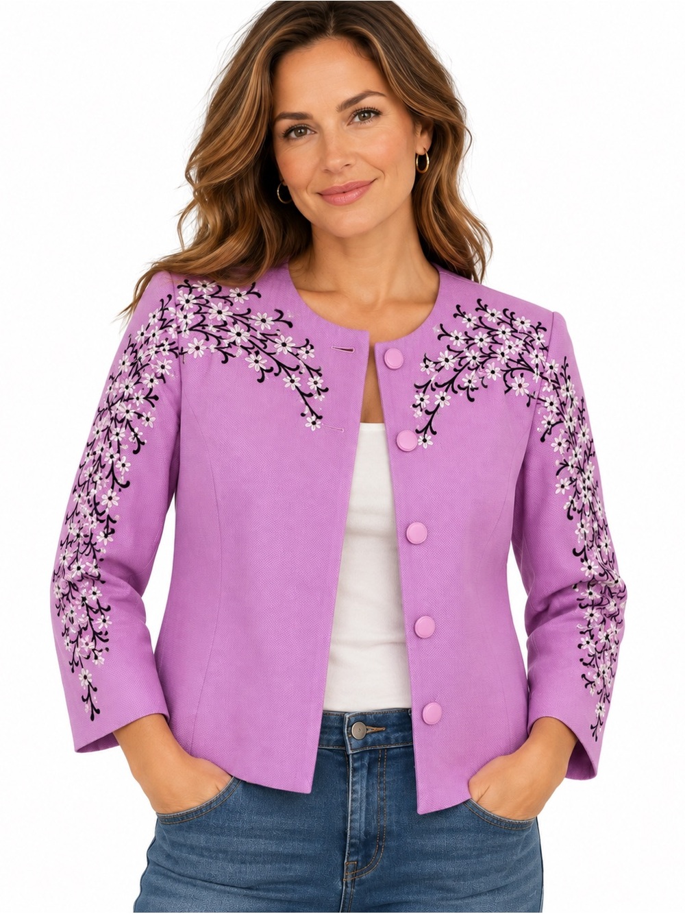 Bob Mackie Wearable Art Lavender Jacket Black and White Floral Embroidery Size M